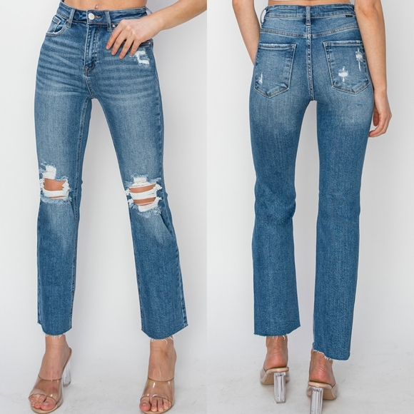 RISEN High-Rise Straight Leg Distressed Ankle Frayed Raw Hem Jeans Denim Pants - Picture 1 of 16